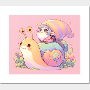 Cute Gnome Riding A Snail Cottagecore Posters and Art